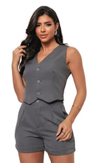 Conjunto Alfaiataria - Colete e Shorts - Cinza